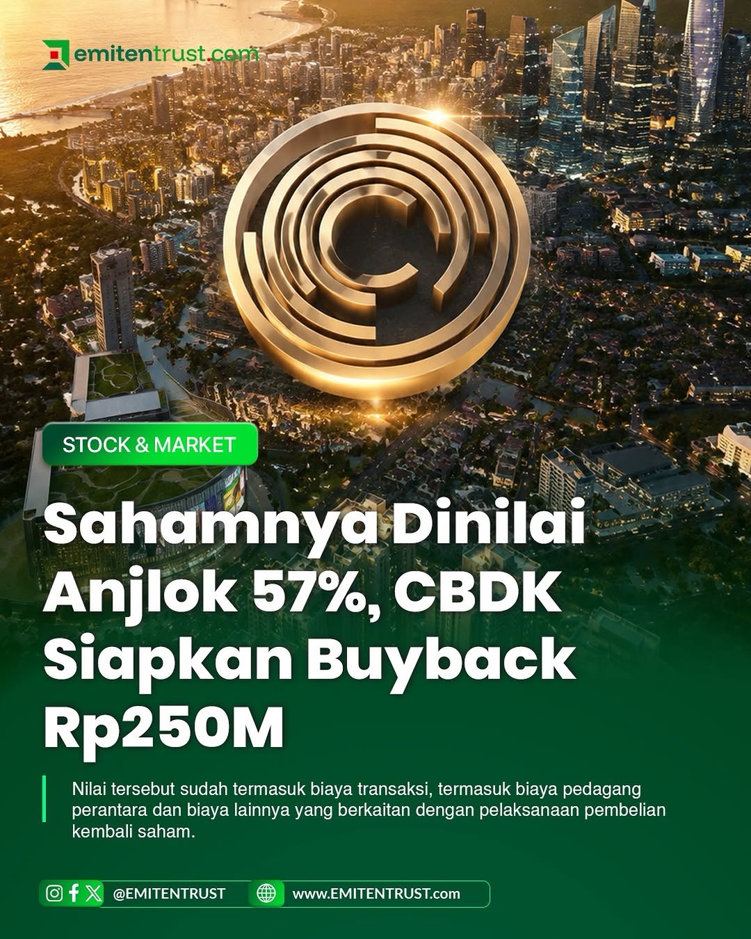 PT Bangun Kosambi Sukses Tbk (CBDK) menyiapkan dana hingga Rp250 miliar untuk melakukan pembelian kembali saham atau buyback. Aksi korporasi tersebut akan dilaksanakan selama tiga bulan, mulai 20 Agustus hingga 19 November 2026.

Rencana buyback tersebut dilakukan dengan mengacu pada Peraturan Otoritas Jasa Keuangan (POJK) Nomor 29 Tahun 2023 tentang Pembelian Kembali Saham yang Dikeluarkan oleh Perusahaan Terbuka, POJK Nomor 13 Tahun 2023 tentang kebijakan dalam menjaga kinerja dan stabilitas pasar modal saat kondisi pasar berfluktuasi signifikan, serta Surat OJK Nomor S-10/D.04/2026. #emitentrust #emiten #buyback