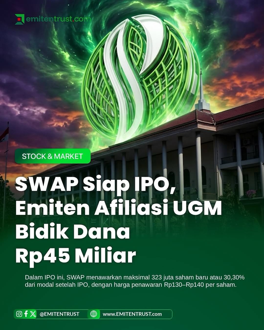 PT Swayasa Prakarsa Tbk (SWAP), perusahaan manufaktur produk kesehatan berbasis riset yang berafiliasi dengan UGM, bersiap melantai di Bursa Efek Indonesia.

Dalam IPO ini, SWAP menawarkan maksimal 323 juta saham baru atau 30,30% dari modal setelah IPO, dengan harga penawaran Rp130–Rp140 per saham. Jika seluruh saham terserap, dana yang dihimpun mencapai Rp45,22 miliar.

Bookbuilding: 24–27 Agustus 2026
Penawaran umum: 2–8 September 2026
Pencatatan di BEI: 10 September 2026

Keterkaitan dengan UGM juga terlihat dari struktur kepemilikannya. Sebelum IPO, PT Gama Multi Usaha Mandiri menguasai 97,16% saham, sementara UGM memiliki 2,693% secara langsung.

Usai IPO, porsi saham masyarakat diproyeksikan mencapai 30,30%, sedangkan kepemilikan PT Gama Multi Usaha Mandiri terdilusi menjadi 67,72%.

Bagaimana prospek SWAP setelah resmi melantai di BEI? #emitentrust #ipo