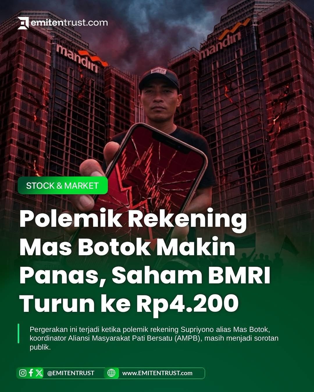 Saham PT Bank Mandiri (Persero) Tbk (BMRI) ditutup melemah 0,47% atau 20 poin pada perdagangan Senin (24/8/2026), ke level Rp4.200 per saham dari sebelumnya Rp4.220.

Pergerakan ini terjadi ketika polemik rekening Supriyono alias Mas Botok, koordinator Aliansi Masyarakat Pati Bersatu (AMPB), masih menjadi sorotan publik.

Rekening yang disebut berisi sekitar Rp80,9 juta tersebut digunakan untuk mendukung kebutuhan aksi demonstrasi warga Pati di Jakarta. Polemik terkait rekening tersebut kemudian memicu kritik dari warganet terhadap Bank Mandiri.

Hingga Senin (24/8), akun Instagram resmi Bank Mandiri bahkan dibanjiri lebih dari 37.000 komentar.

BMRI turun, polemik masih bergulir. Apakah sentimen publik ini akan berdampak lebih jauh terhadap saham Bank Mandiri?

#BMRI #BankMandiri #sahambmri