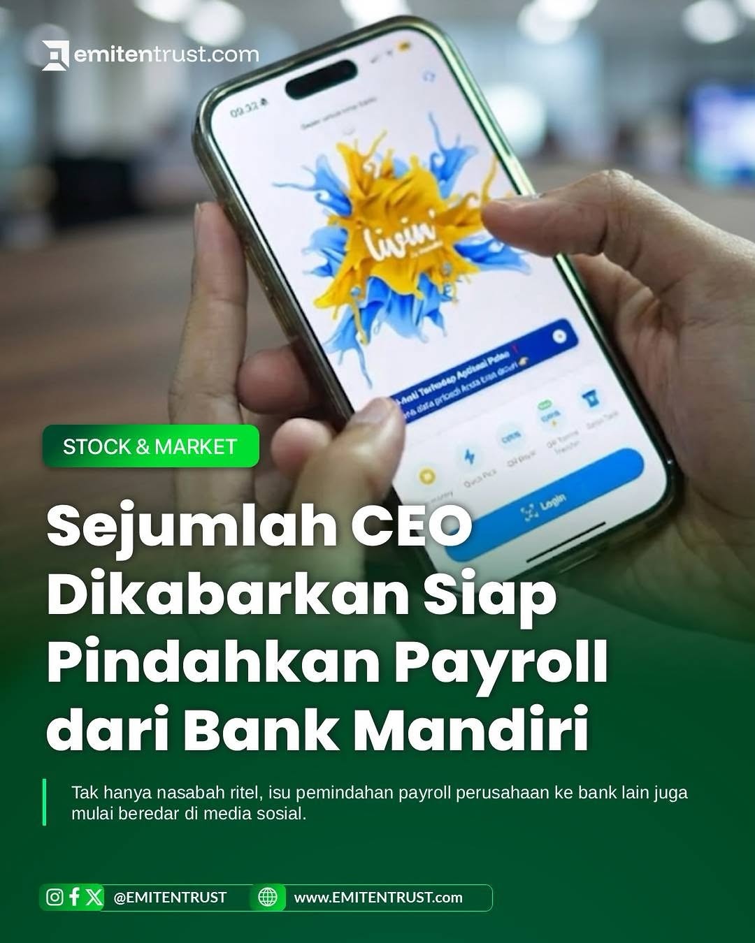 Polemik pemblokiran rekening Supriyono alias Botok terus bergulir dan kini memunculkan seruan agar nasabah memindahkan dana mereka dari Bank Mandiri.

Tak hanya nasabah ritel, isu pemindahan payroll perusahaan ke bank lain juga mulai beredar di media sosial. Sejumlah CEO disebut-sebut mempertimbangkan langkah serupa di tengah meningkatnya kekecewaan publik.

Salah satu yang sudah menyatakan sikap adalah CEO Forest Bev, Muadzin, yang mengaku akan memindahkan payroll 120 karyawannya dari Bank Mandiri ke BCA.

Perpindahan payroll bisa menjadi tekanan tersendiri bagi Bank Mandiri karena layanan payroll merupakan salah satu bagian penting dari bisnis perbankan korporasi. #emitentrust #bankmandiri #payroll