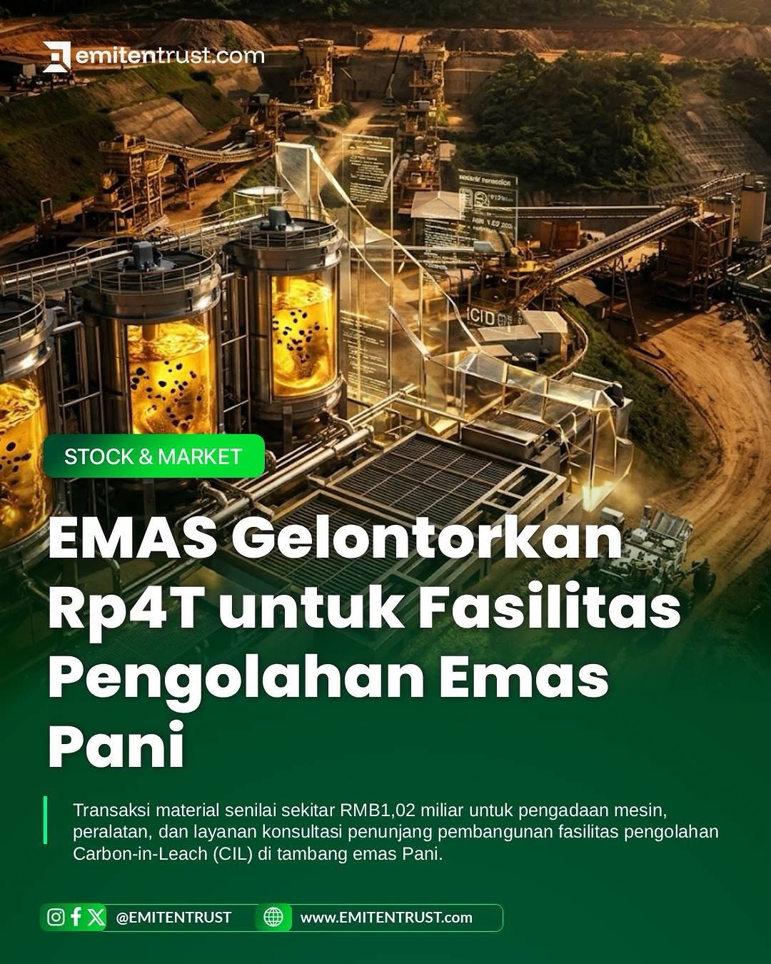 PT Merdeka Gold Resources Tbk (EMAS) melalui PT Pani Industri Nusantara (PIN) menandatangani transaksi senilai sekitar RMB1,02 miliar atau Rp2,45 triliun dengan Vision Green Energy (Beijing) Tech, Co., Ltd.

Dana tersebut digunakan untuk pengadaan mesin, peralatan, serta layanan konsultasi penunjang pembangunan fasilitas Carbon-in-Leach (CIL) di Tambang Emas Pani.

Transaksi yang efektif sejak 21 Agustus 2026 ini setara dengan sekitar 40,26% dari ekuitas EMAS. #emitentrust #emiten #tambangemas #emas